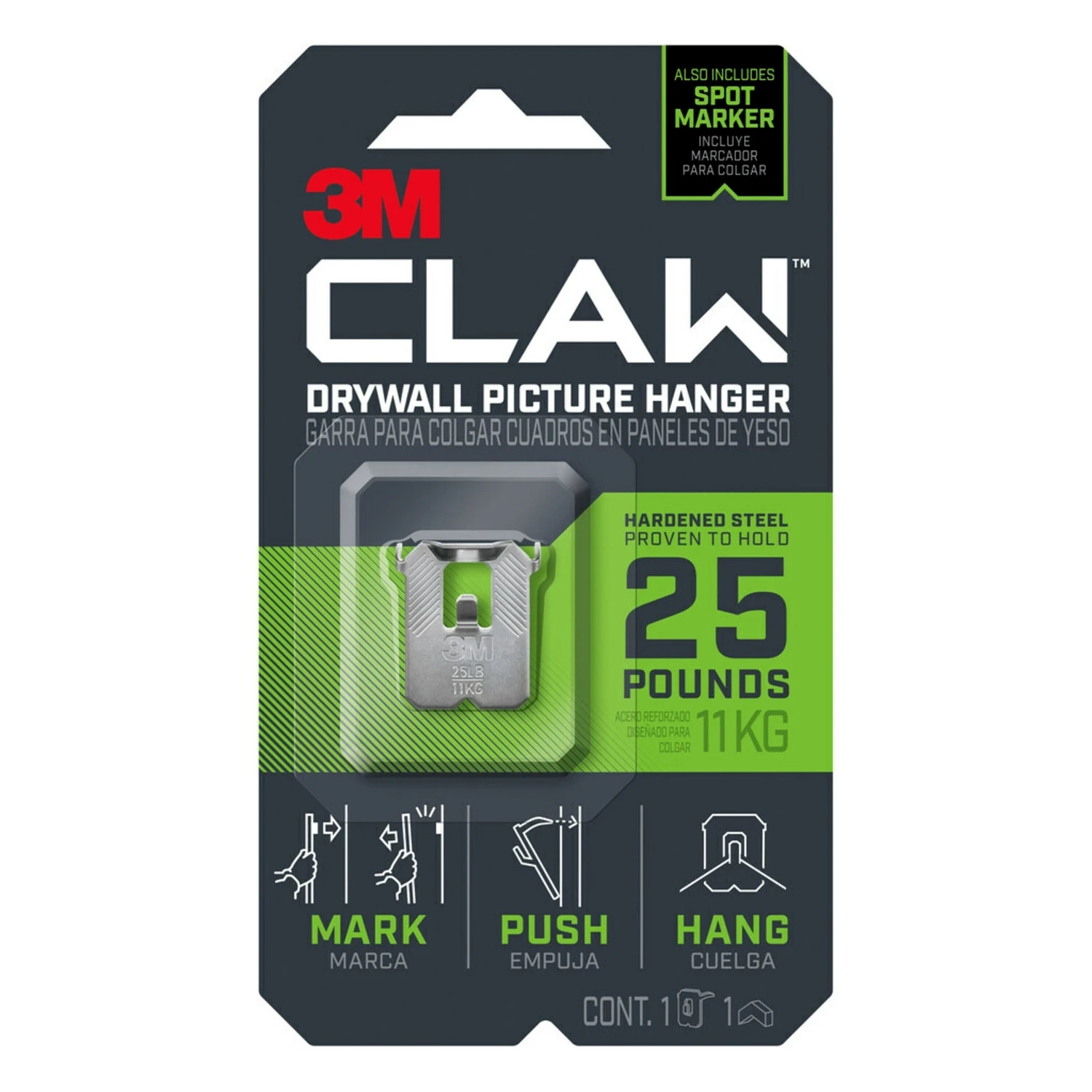 3M CLAW 3PH25M-1ES Drywall Picture Hanger, 25 lb, Steel, Push-In, 1/PK