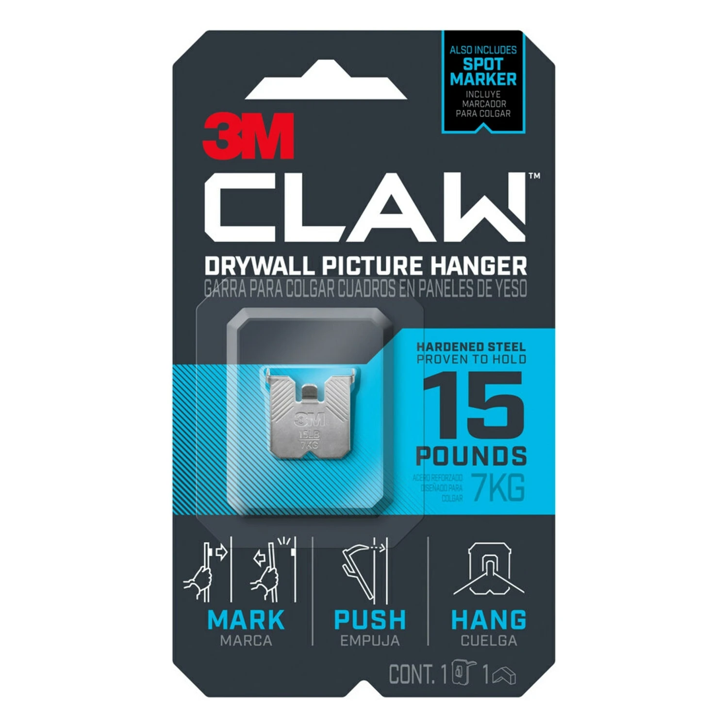 3M CLAW 3PH15M-1ES Drywall Picture Hanger, 15 lb, Steel, Push-In, 1/PK