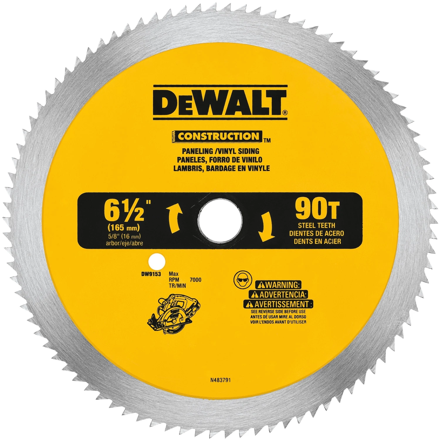 DEWALT DW9153 Circular Saw Blade, 6-1/2 in Dia, 5/8 in Arbor, 90-Teeth, Tungsten Carbide Cutting Edge