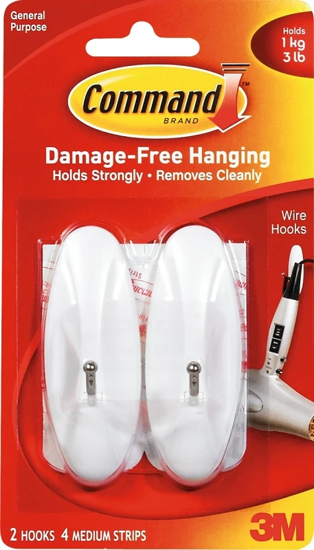 Command 17068 Wire Hook, 0.3 in Opening, 3 lb, 2 -Hook, Metal/Plastic, White
