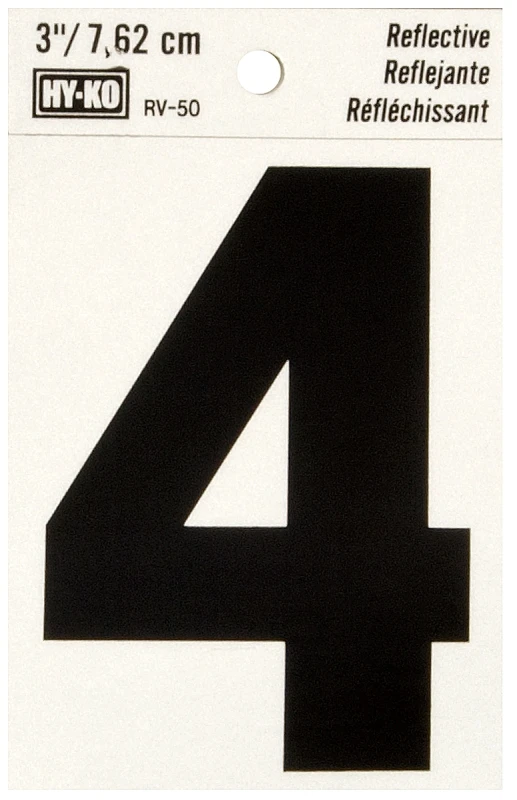 House Address Number 4, Reflective Black Vinyl, 3-In.
