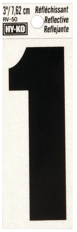 House Address Number 1, Reflective, Black Vinyl Adhesive, 3-In.