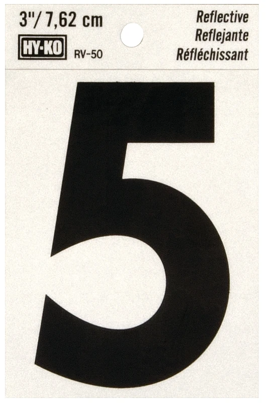 House Address Number 5, Reflective, Black Vinyl Adhesive, 3-In.