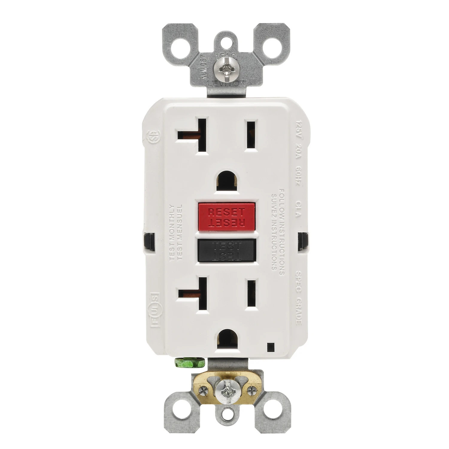 Leviton R12-GFNT2-0RW GFCI Duplex Receptacle, Polycarbonate, White, 2-Pole, 20 A, 125 V, Back, Side Wiring