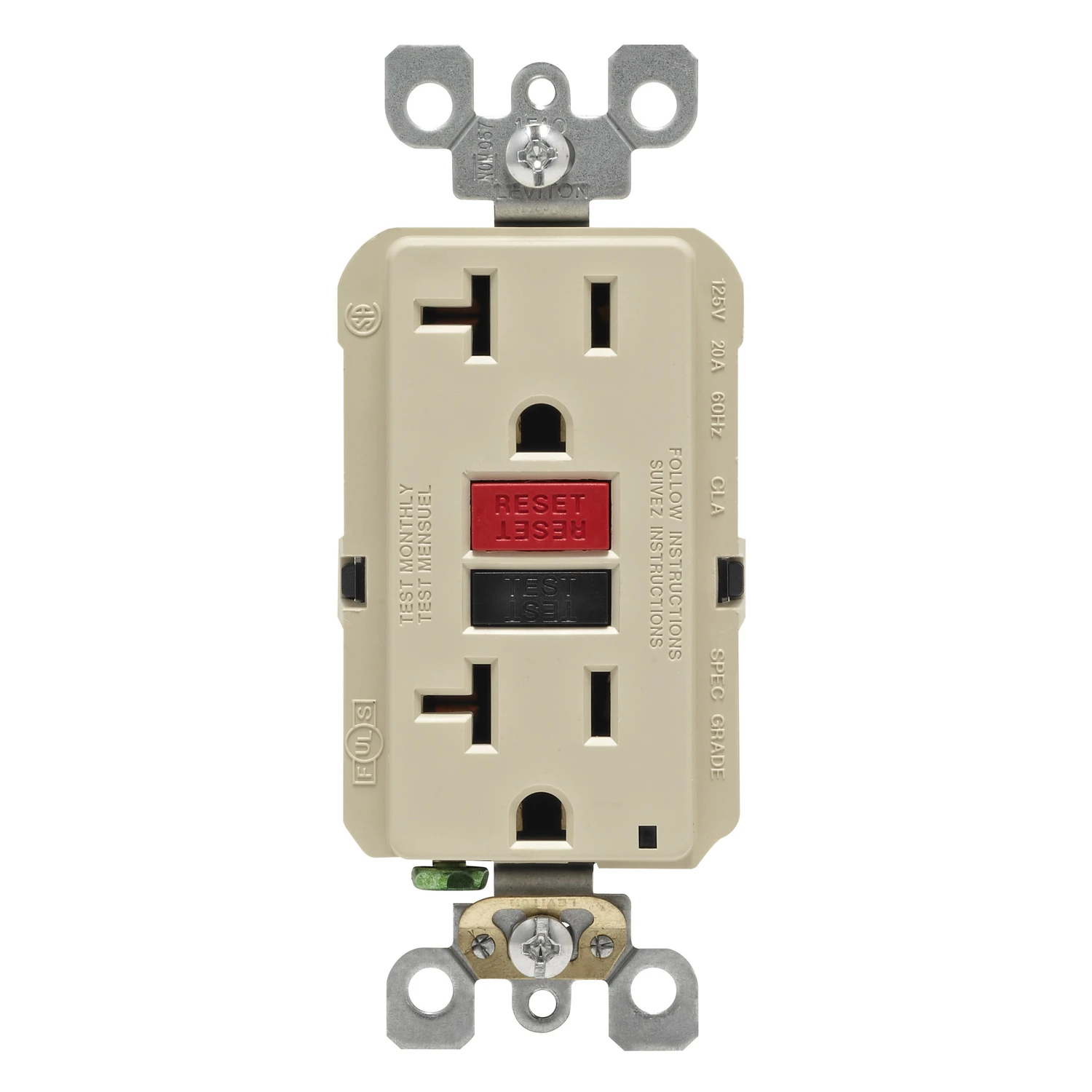Leviton R99-GFNT2-0RI GFCI Duplex Receptacle, Polycarbonate, Ivory, 2-Pole, 20 A, 125 V, Wall Mounting