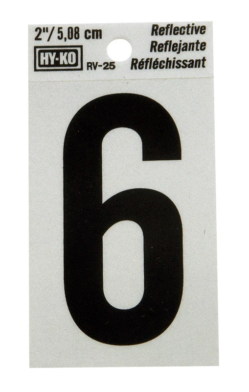 House Address Number 6, Reflective Black/Silver Vinyl, Adhesive, 2-In.