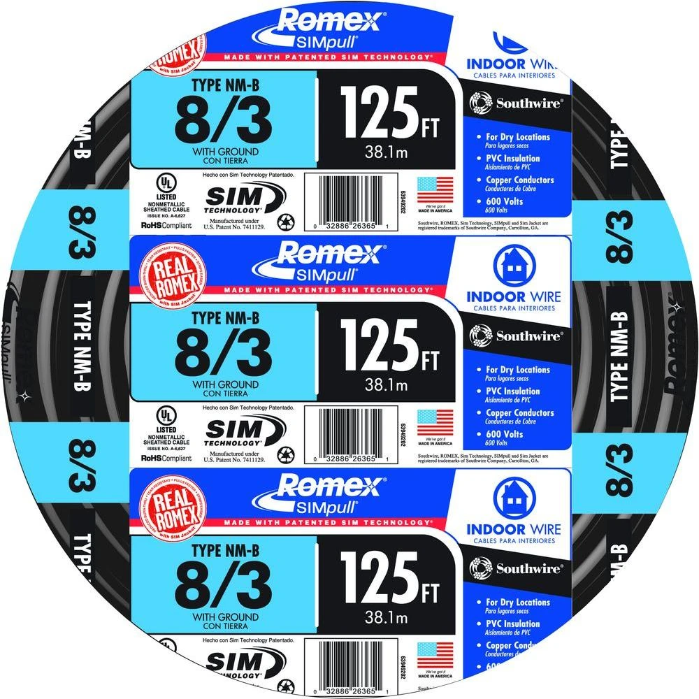 8/3 Non-Metallic Romex Sheathed Cable With Ground, Copper, 125 Ft.