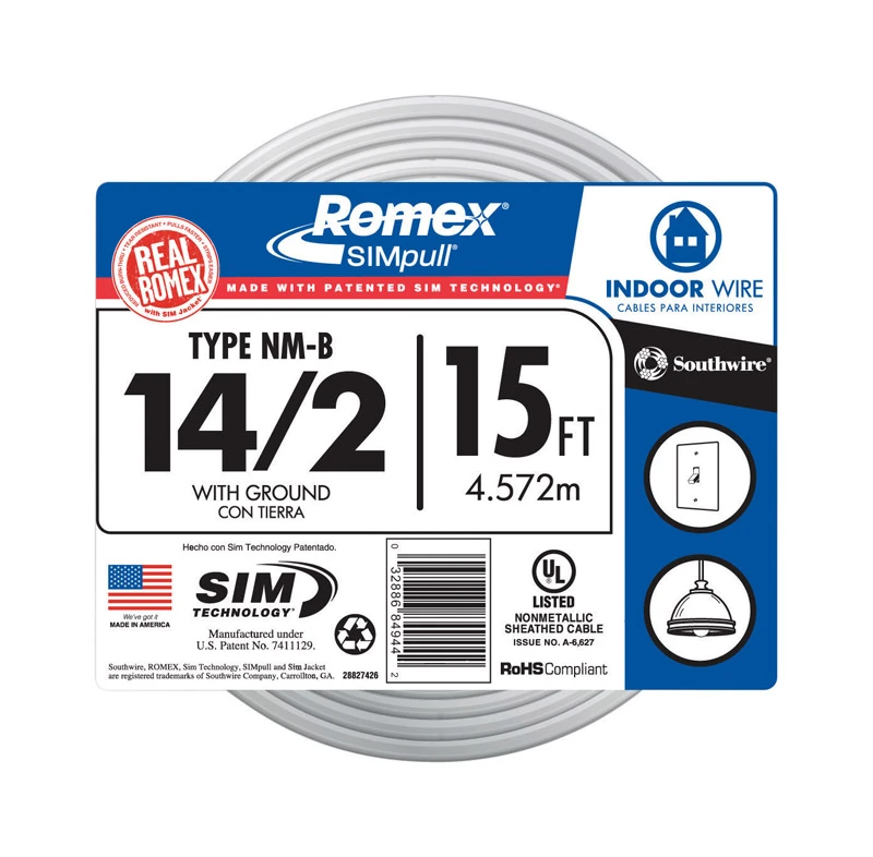 Non-Metallic Romex Sheathed Electrical Cable With Ground, 14/2, 15 Ft.