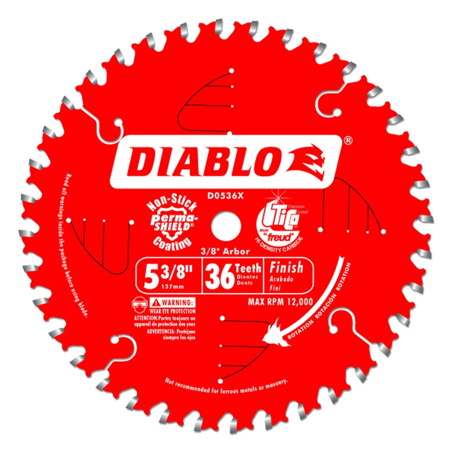 Diablo D0536X Circular Saw Blade, 5-3/8 in Dia, 10 mm Arbor, 36-Teeth, Carbide Cutting Edge