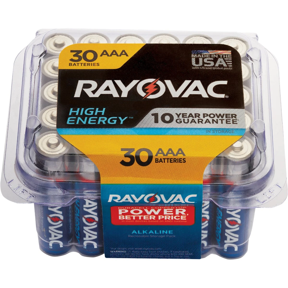 Rayovac 824-30PPTK Battery, 1.5 V Battery, 1100 mAh, AAA Battery, Alkaline, Rechargeable: No, 30/PK