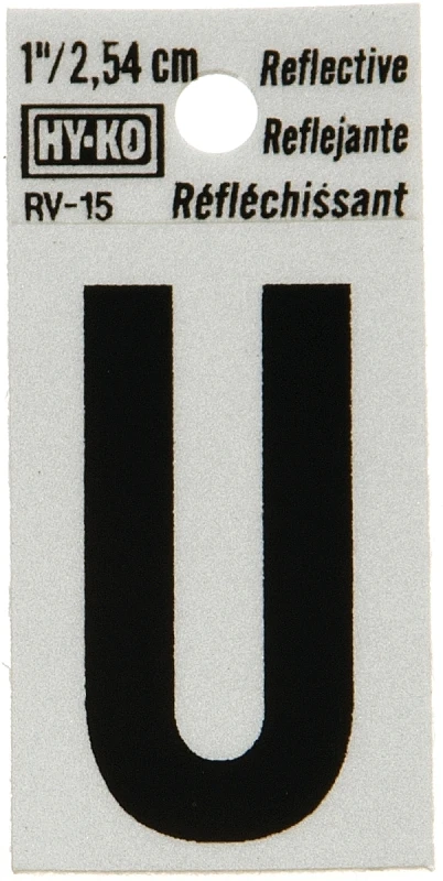 House Address Letter U, Reflective Black/Silver Vinyl, Adhesive, 1-In.