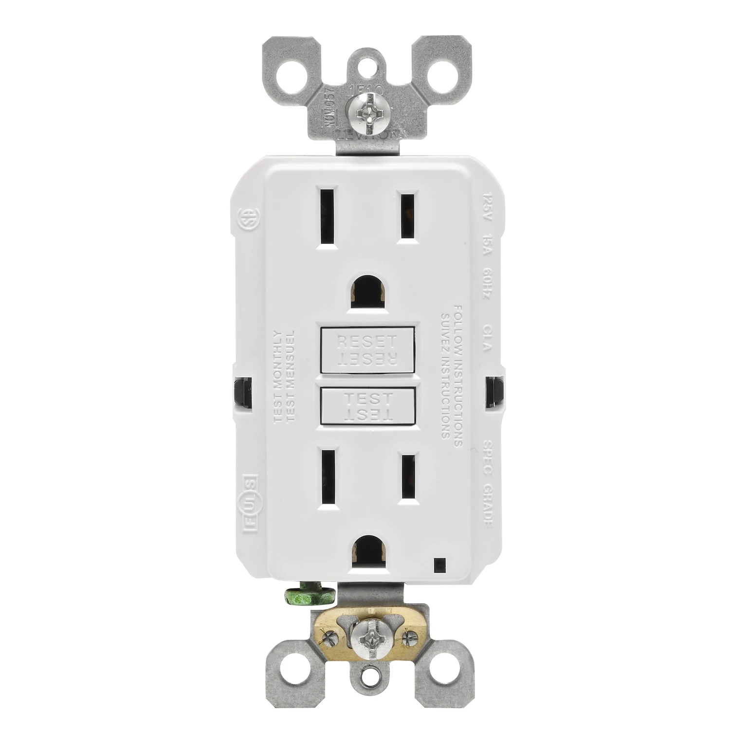 Leviton R02-GFNT1-0KW GFCI Duplex Receptacle, Polycarbonate, White, 2-Pole, 15 A, 3-Wire, Back, Side Wiring Leviton R02-GFNT1-0KW GFCI Duplex Receptacle, Polycarbonate, White, 2-Pole, 15 A, 3-Wire, Back, Side Wiring