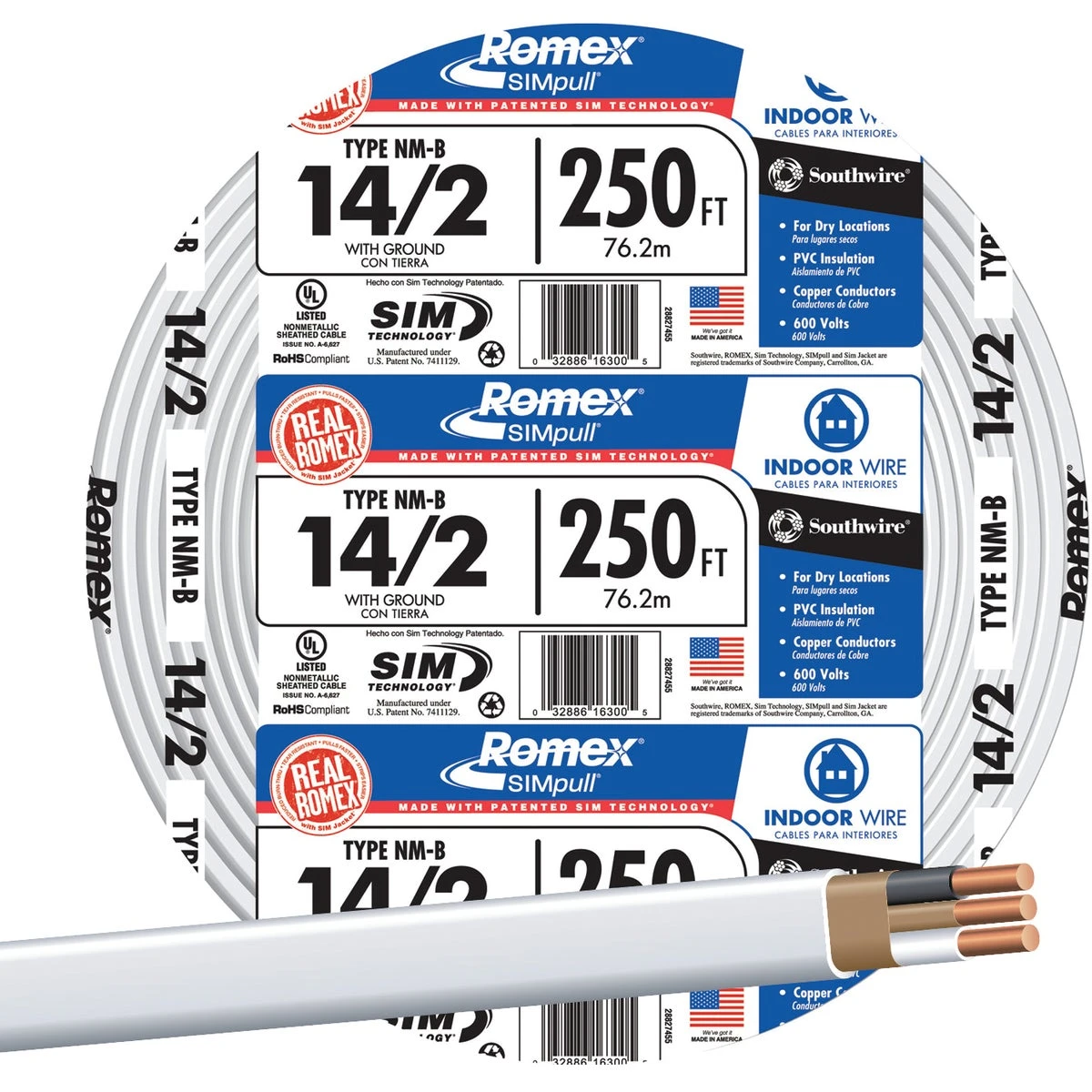 Non-Metallic Romex Sheathed Cable With Ground, Copper, 14/2, 250 Ft.