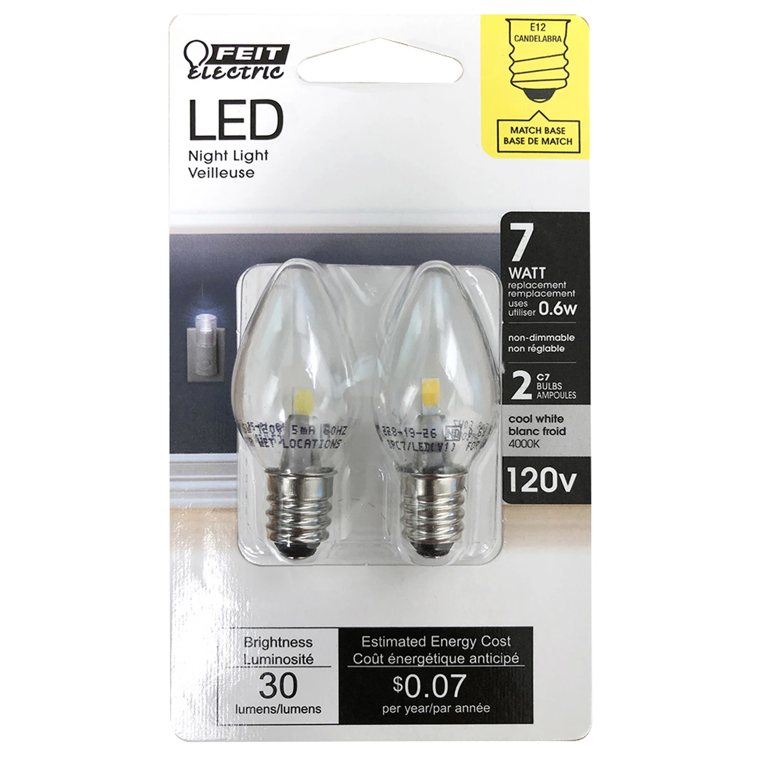 Electric C7 E12 (candelabra) Led Bulb White 1w/7w Equivalence 2 Pk, 50000 Hrs Life