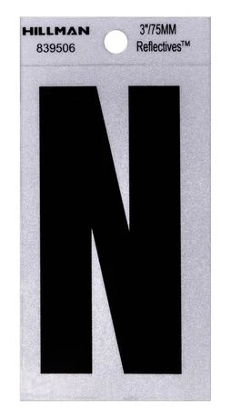 Reflective Adhesive House Address Letter N, Thin Cut, Black Vinyl, 3-In.