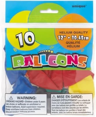 Unique Industries 54503 12 in. Latex Assorted Color Balloons 10 Count