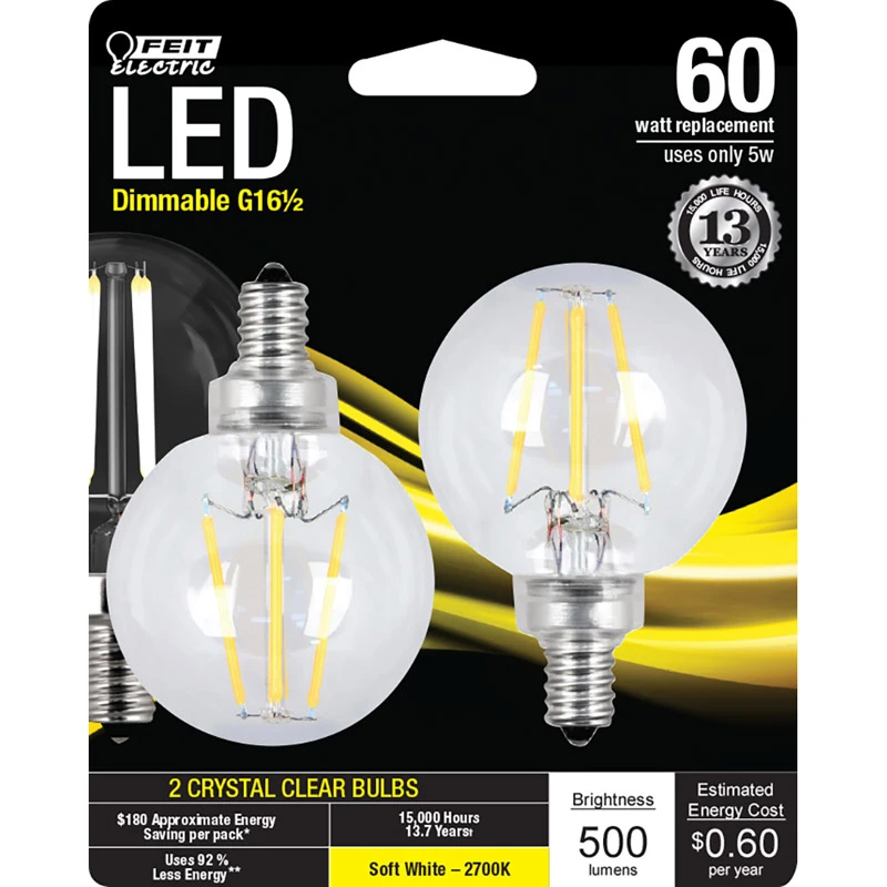 G16.5 E12 Led Bulb Soft White 60w Equivalent 2 Pk, Dimmable, 500 Lumens