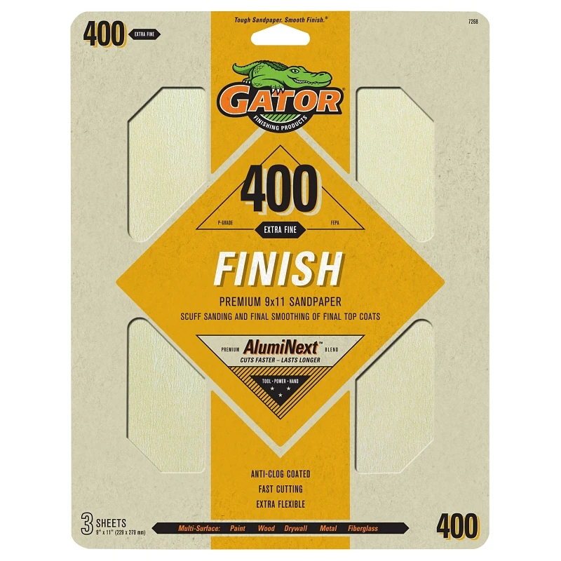 Gator 7268 Sanding Sheet, 9 in W, 11 in L, 400 Grit, Fine, Latex Backing
