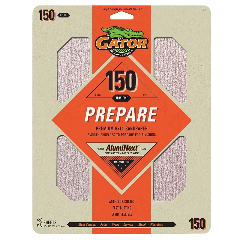 Gator 7264 Sanding Sheet, 9 in W, 11 in L, 150 Grit, Medium, Aluminum Oxide Abrasive, Latex Backing