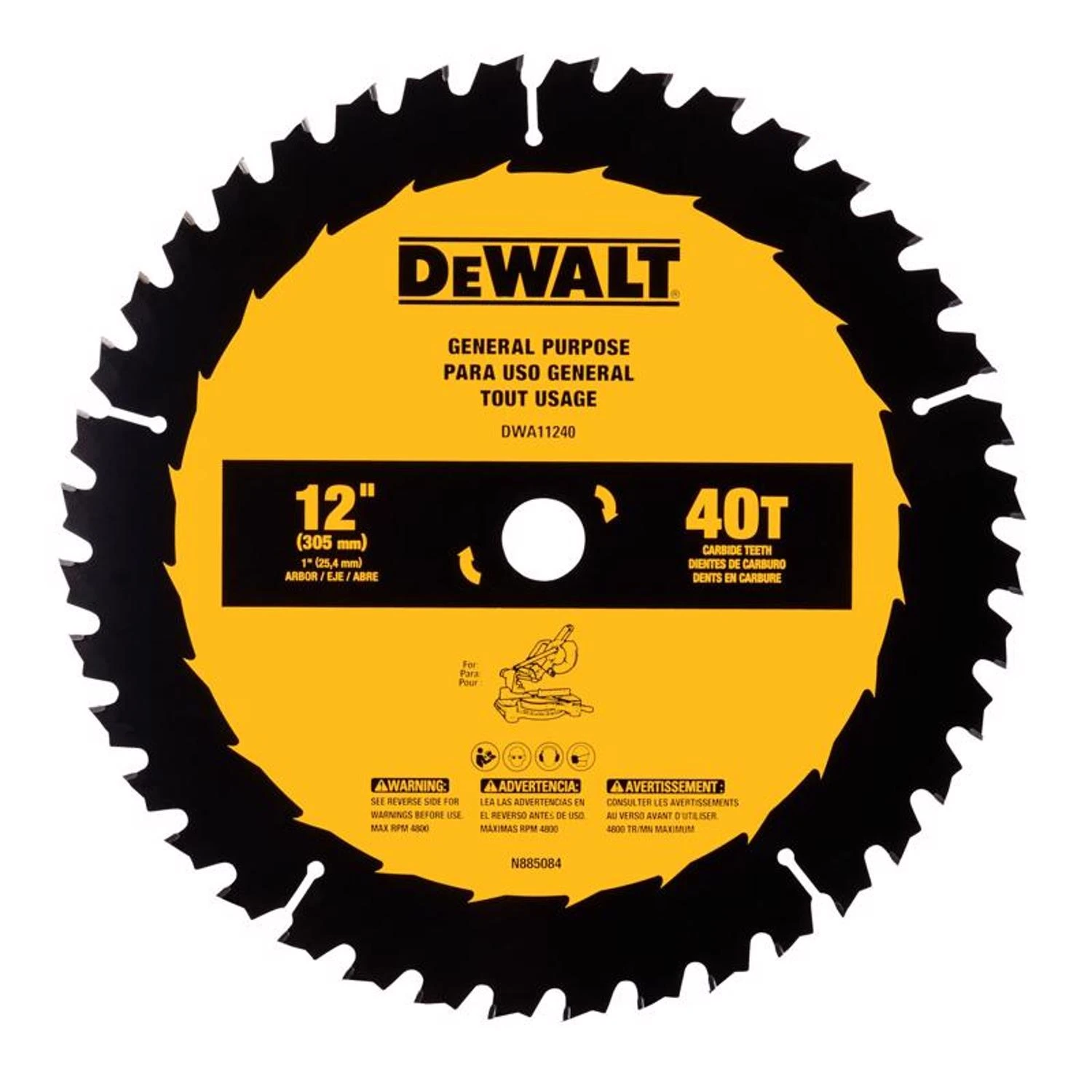 DEWALT DWA11240 General-Purpose Circular Saw Blade, 12 in Dia, 1 in Arbor, 40-Teeth