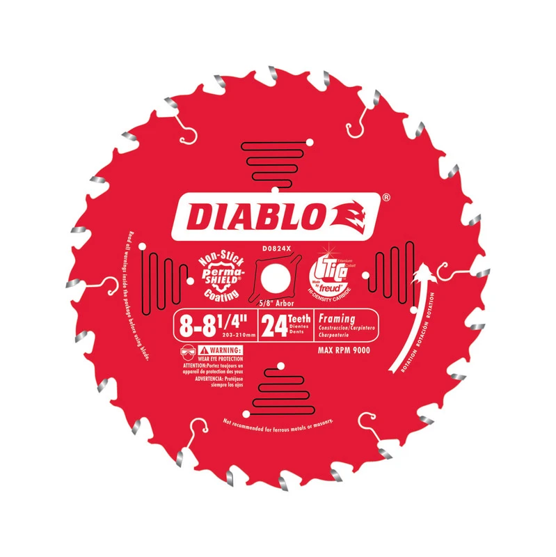 Diablo D0824X Circular Saw Blade, 8 to 8-1/4 in Dia, 5/8 in Arbor, 24-Teeth, Carbide Cutting Edge