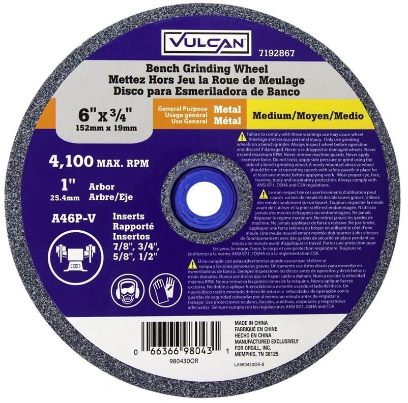 6 Inch Straight Bench Grinding Wheel, 1 Inch Arbor, Medium Grade, 4100 Rpm