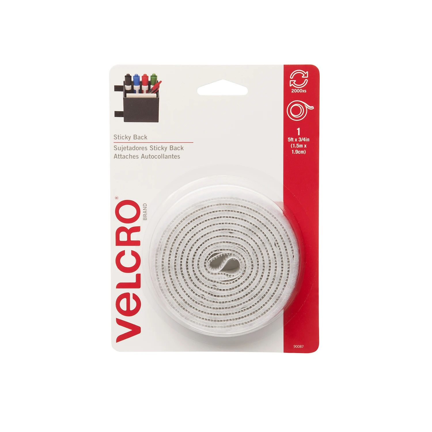 VELCRO Brand 90087 Hook and Loop Fastener, 3/4 in W, 5 ft L, Nylon, White, 5 lb, Rubber Adhesive