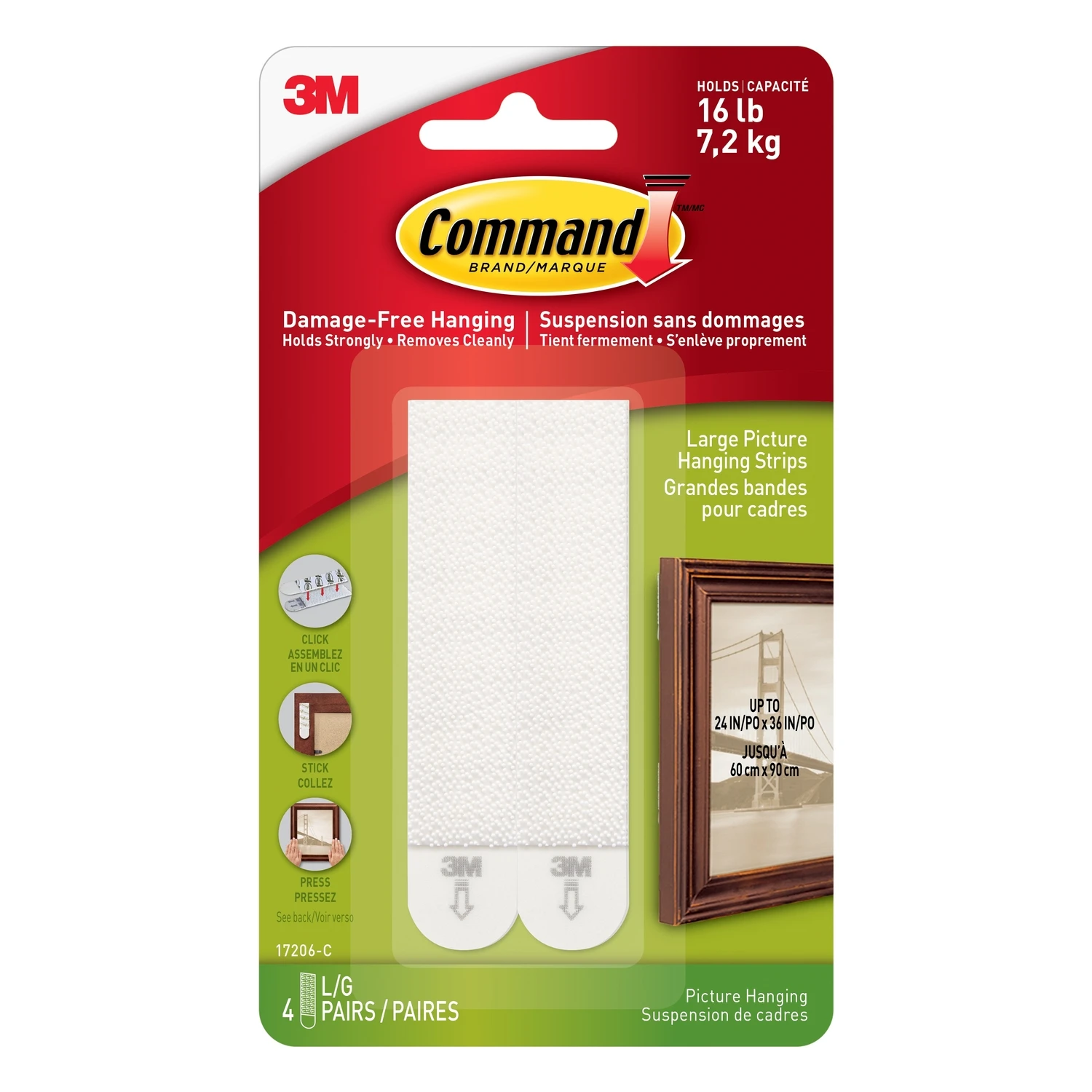 Command 17206 Picture Hanging Strip, 4 lb/set, Foam, White, 3.625 in L x 0.5 in W x 0.1 in D, 4/PK