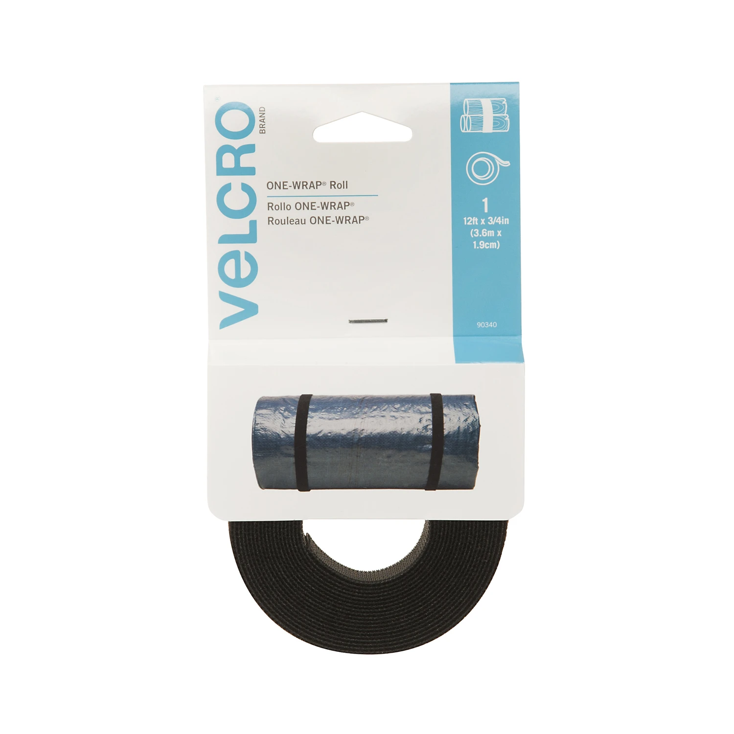 VELCRO Brand One Wrap 90340 Hook and Loop Fastener, 3/4 in W, 12 ft L, Nylon/Polypropylene, Black
