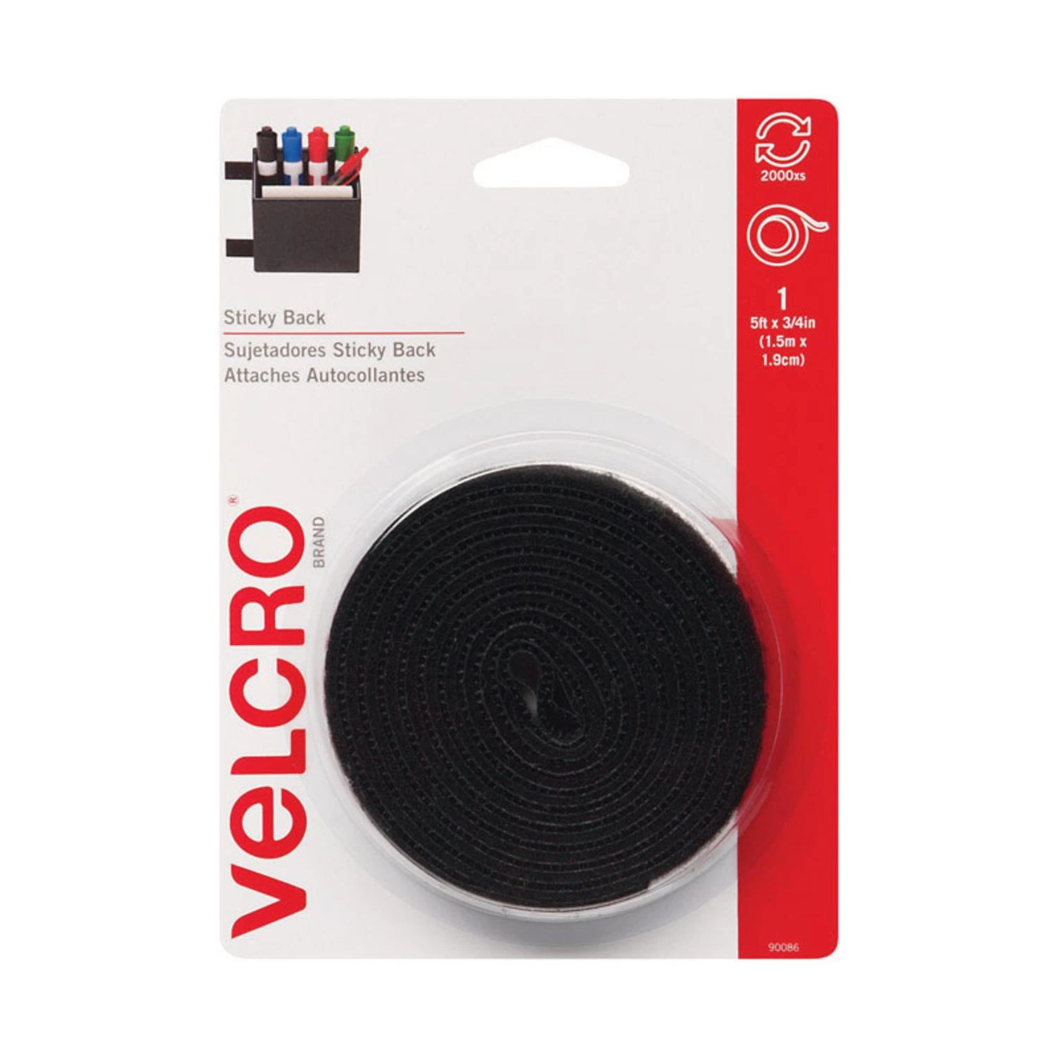 VELCRO Brand 90086 Hook and Loop Fastener, 3/4 in W, 5 ft L, Nylon, Black, 5 lb, Rubber Adhesive