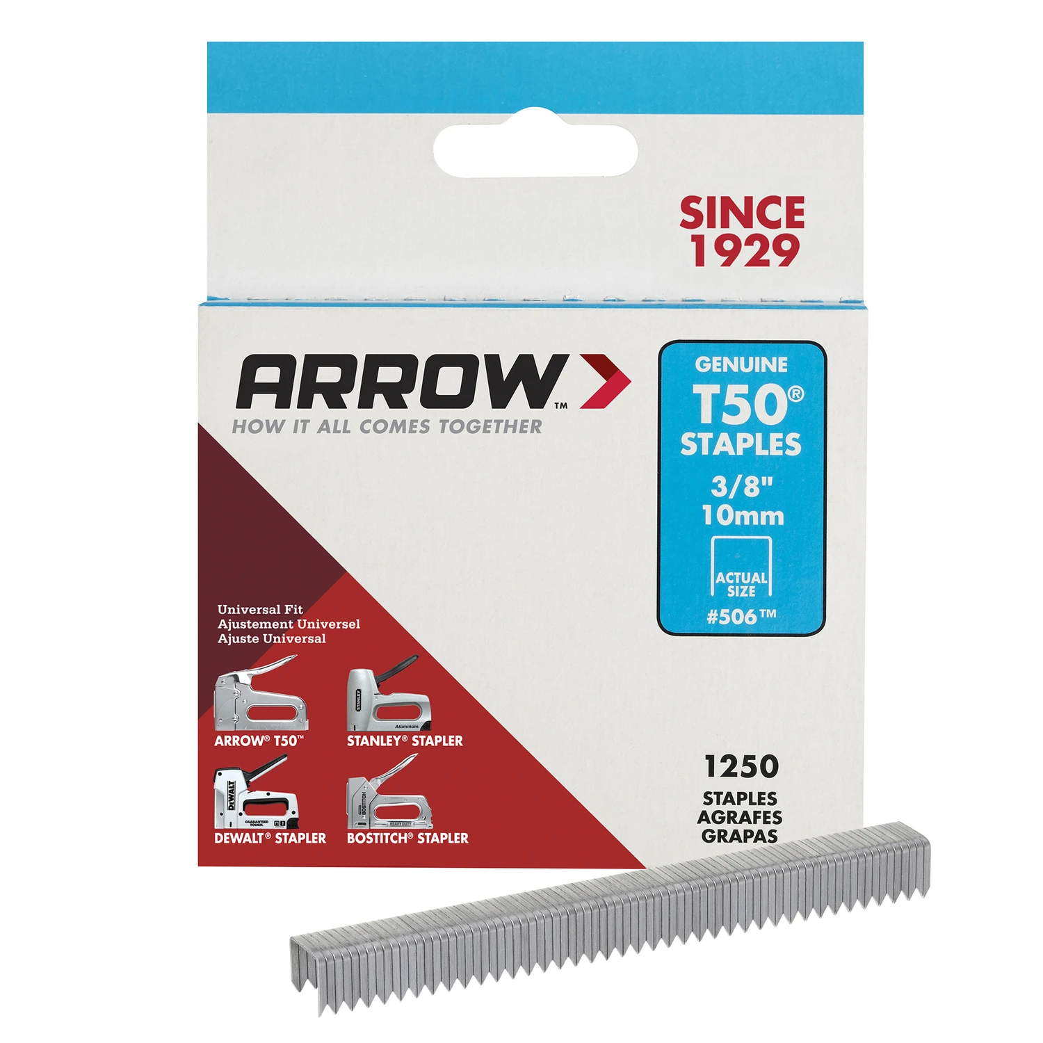 Arrow T50 Series 50624 Staple, For: T50 WA Stapler, 3/8 in W Crown, 3/8 in L Leg