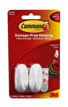 Command 17082 Designer Hook, 1/4 in Opening, 1 lb, 2 -Hook, Plastic, White