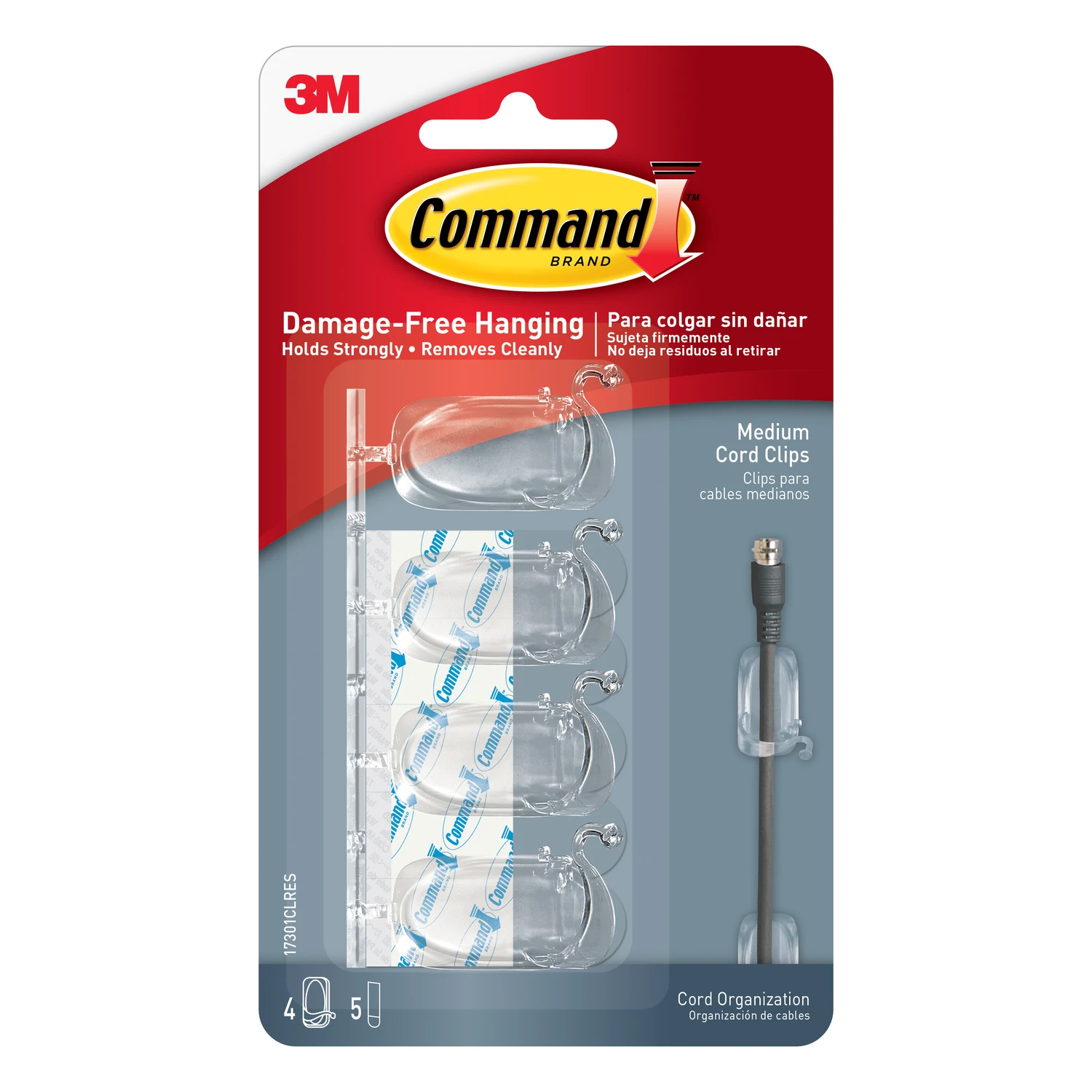 Command Medium Plastic Cord Clips 1.25 In. L, 4 Clips & 5 Adhesive Strips, Clear