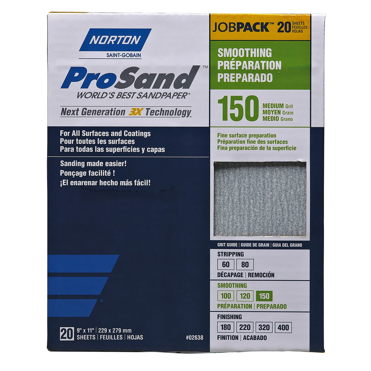 Prosand 150 Grit Aluminum Oxide Sandpaper, 11 In L X 9 In W, 20 Pk