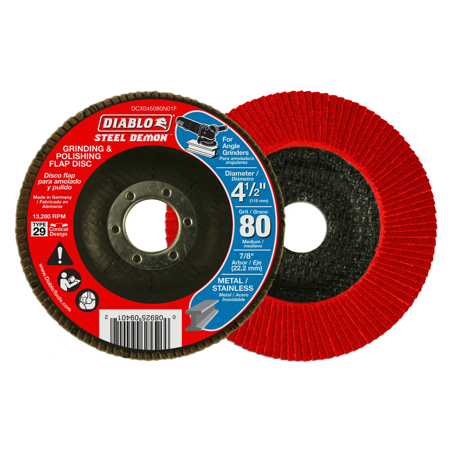 Diablo Steel Demon DCX045080N01F Flap Disc, 4-1/2 in Dia, 7/8 in Arbor, 80 Grit, Medium, Zirconium Abrasive