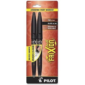 "Pilot FriXion Ball 31553 Erasable Gel Pen, Fine Pen Point Type, 0.70 mm Pen Point Size, Black Ink, Black Barrel, 2 / Pack"