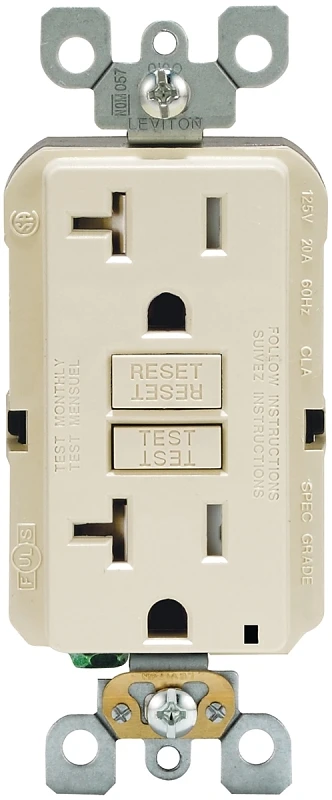 Leviton R96-GFTR2-0KT GFCI Duplex Receptacle, 2 -Pole, 20 A, 125 V, Back, Side Wiring, NEMA: 5-20R, Light Almond Leviton R96-GFTR2-0KT GFCI Duplex Receptacle, 2 -Pole, 20 A, 125 V, Back, Side Wiring, NEMA: 5-20R, Light Almond