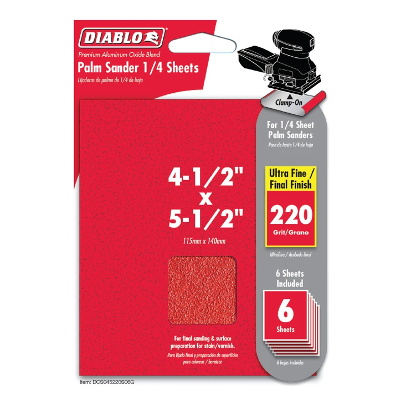 Diablo DCS045220S06G Sanding Sheet, 4-1/2 in W, 5-1/2 in L, 220 Grit, Ultra Fine, Ceramic Abrasive, Paper Backing