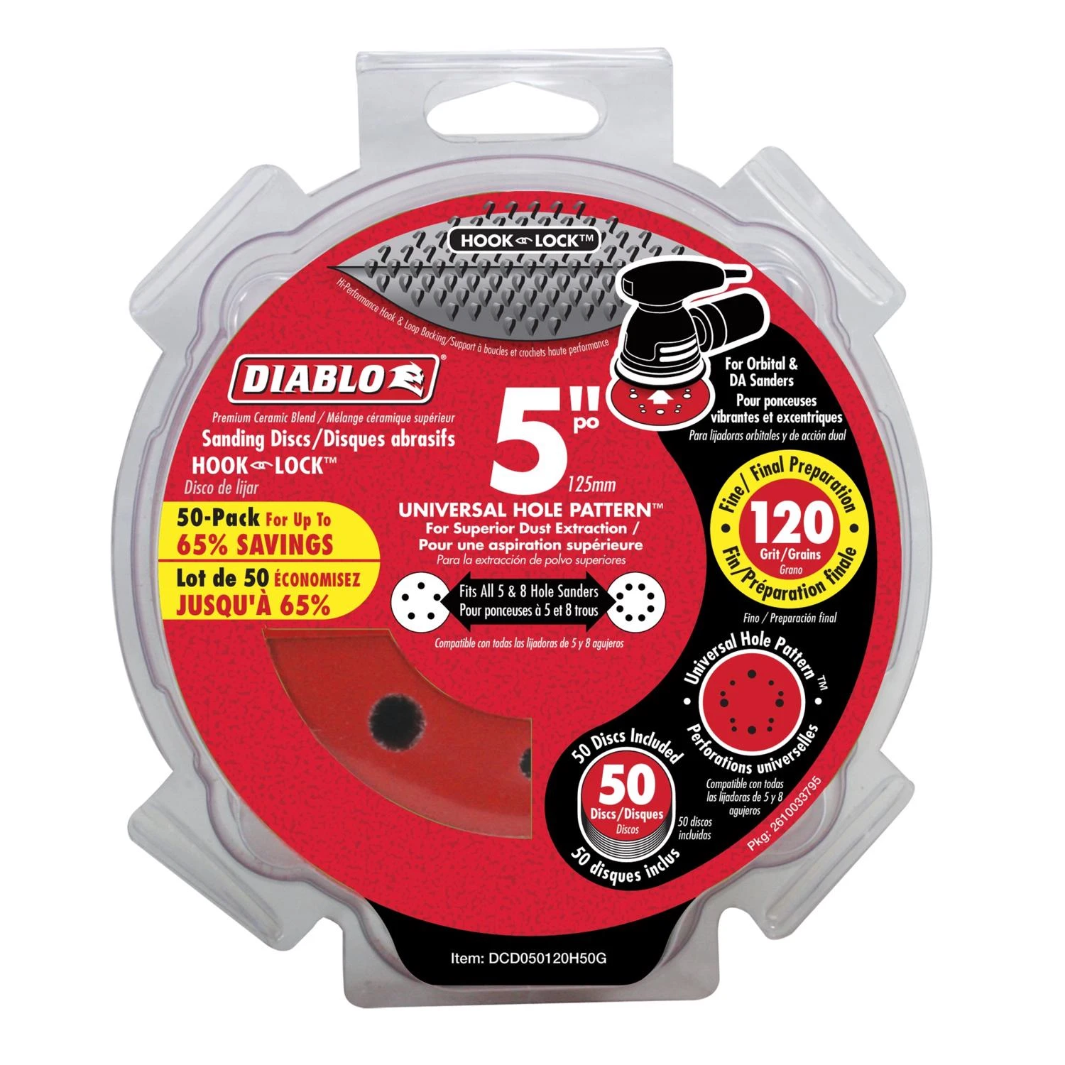 Diablo DCD050120H50G Sanding Disc, 5 in Dia, 1 in Arbor, 120 Grit, Fine, Ceramic Abrasive, Universal