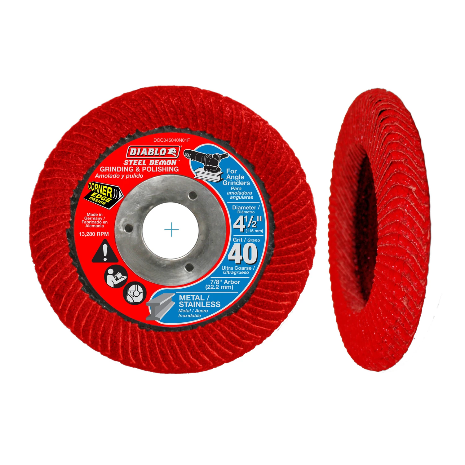 Diablo Steel Demon Corner-Edge Series DCC045040N01F Flap Disc, 4-1/2 in Dia, 7/8 in Arbor, 40 Grit, Ultra Coarse Diablo Steel Demon Corner-Edge Series DCC045040N01F Flap Disc, 4-1/2 in Dia, 7/8 in Arbor, 40 Grit, Ultra Coarse