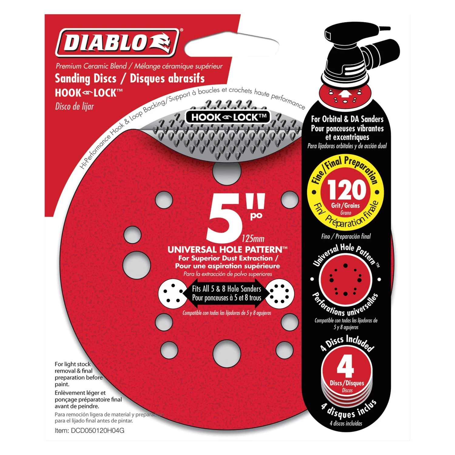 Diablo DCD050120H04G Sanding Disc, 5 in Dia, 120 Grit, Fine, Ceramic Abrasive, 12-Hole