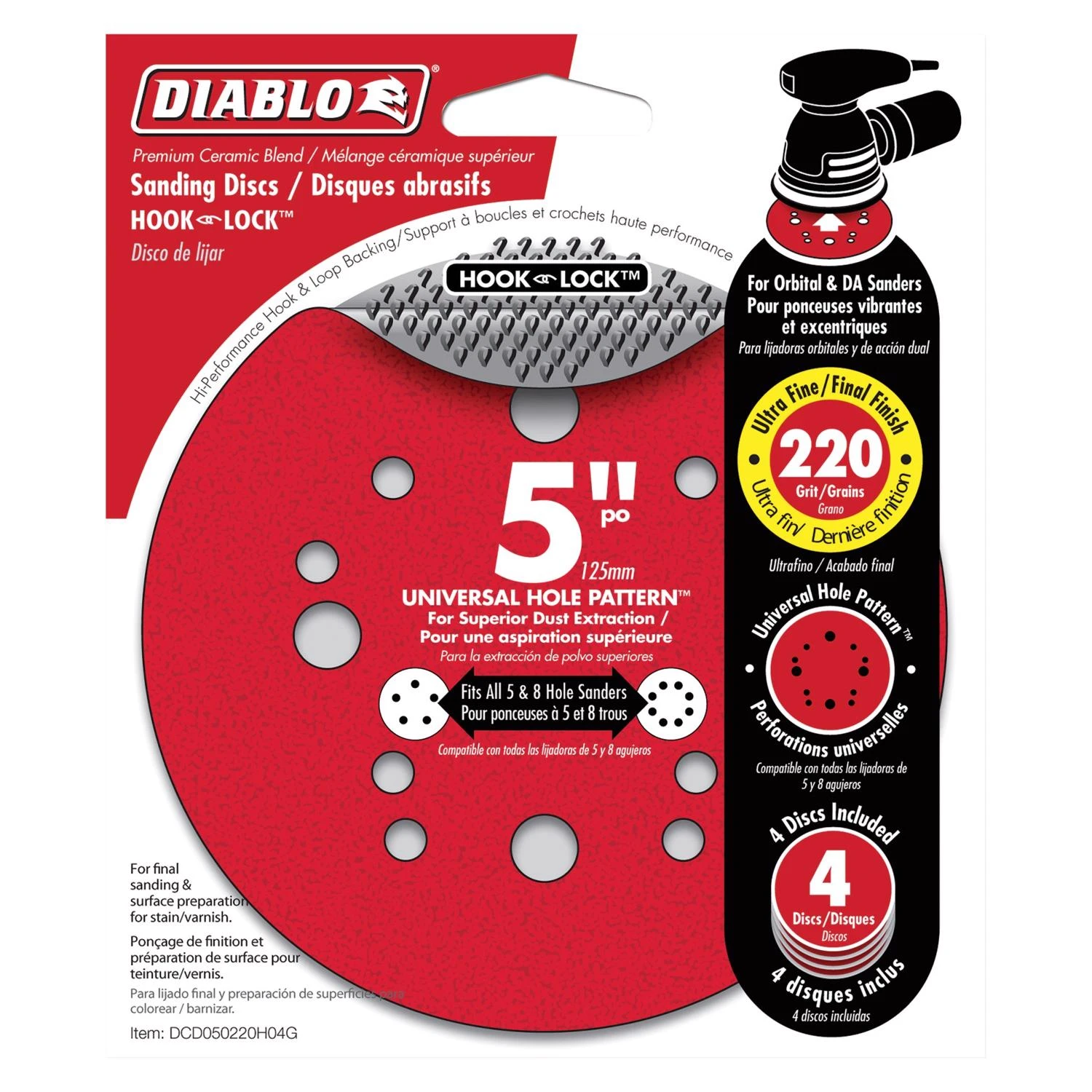 Diablo DCD050220H04G Sanding Disc, 5 in Dia, 220 Grit, Ultra Fine, Ceramic Abrasive, 12-Hole