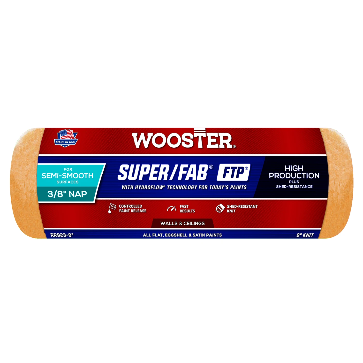 Wooster Super/Fab FTP RR923-9 Roller Cover, 3/8 in Thick Nap, 9 in L, Fabric Cover, Lager