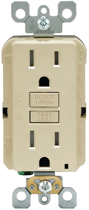 Leviton R91-GFTR1-0KI GFCI Duplex Receptacle, Polycarbonate, Ivory, 2-Pole, 15 A, 125 V, Back, Side Wiring