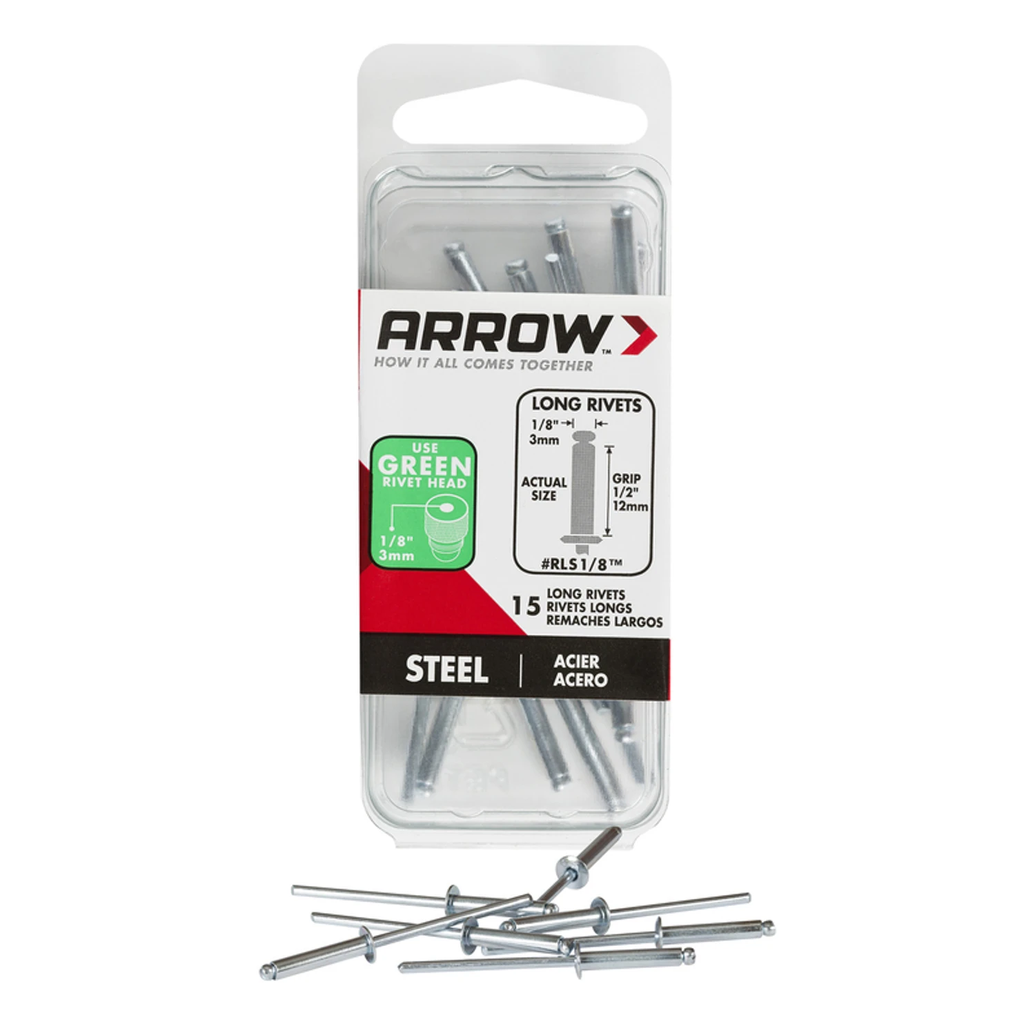 Arrow RLS1/8 Pop Rivet, Long, 1/2 in Grip, 1/2 in L, Steel, 15/PK Arrow RLS1/8 Pop Rivet, Long, 1/2 in Grip, 1/2 in L, Steel, 15/PK
