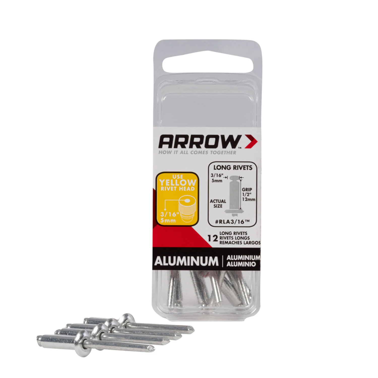 Arrow RLA3/16 Pop Rivet, Long, 1/2 in Grip, 1/2 in L, Aluminum, Silver, 12/PK