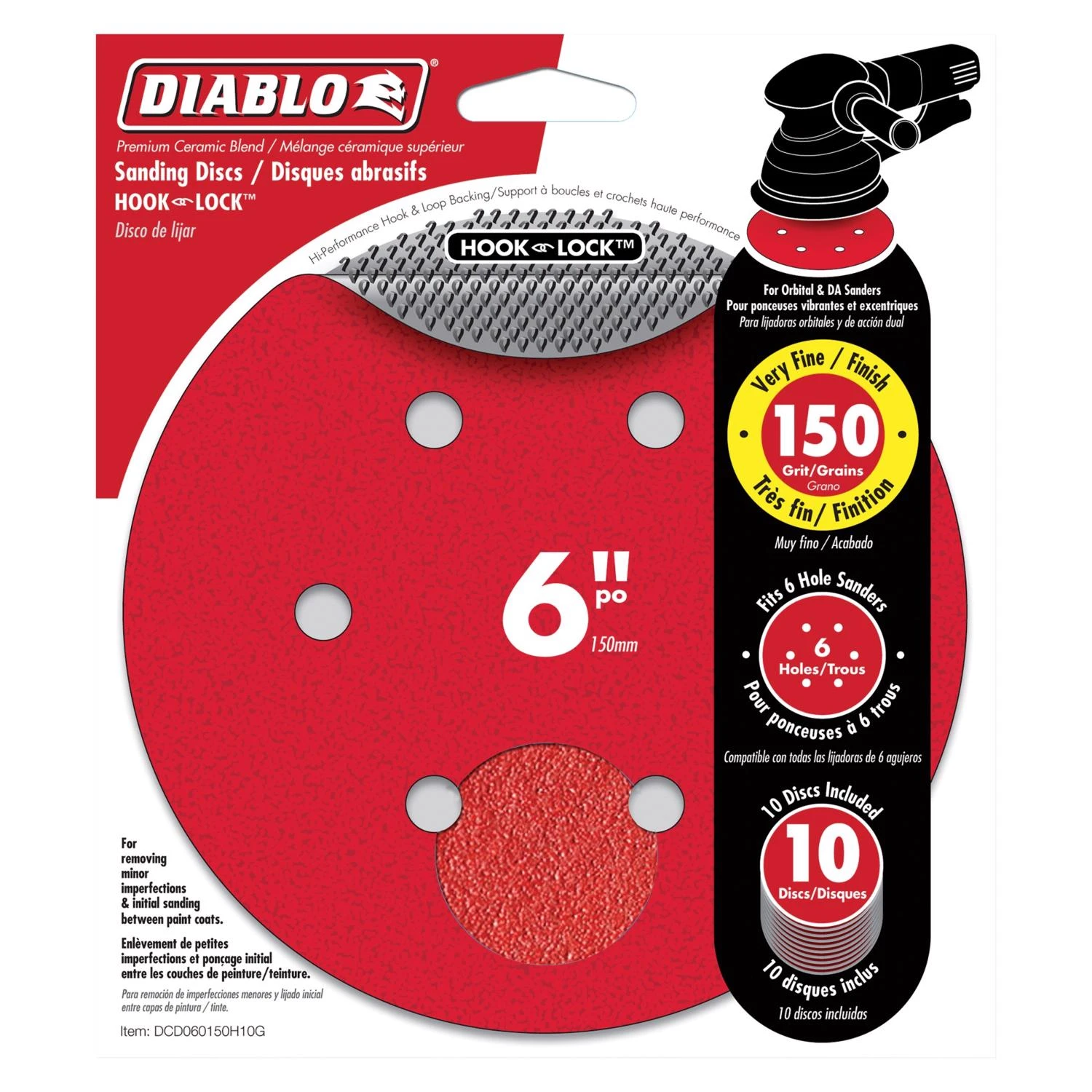 Diablo DCD060150H10G Sanding Disc, 6 in Dia, 150 Grit, Very Fine, Ceramic Abrasive, Paper Backing, 6-Hole