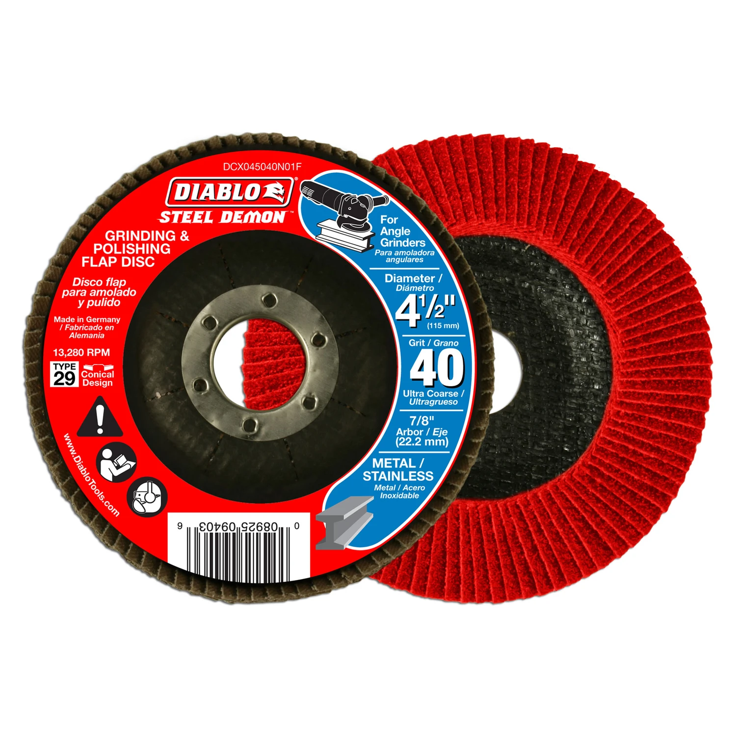 Diablo Steel Demon DCX045040N01F Flap Disc, 4-1/2 in Dia, 7/8 in Arbor, 40 Grit, Ultra Coarse, Zirconium Abrasive Diablo Steel Demon DCX045040N01F Flap Disc, 4-1/2 in Dia, 7/8 in Arbor, 40 Grit, Ultra Coarse, Zirconium Abrasive