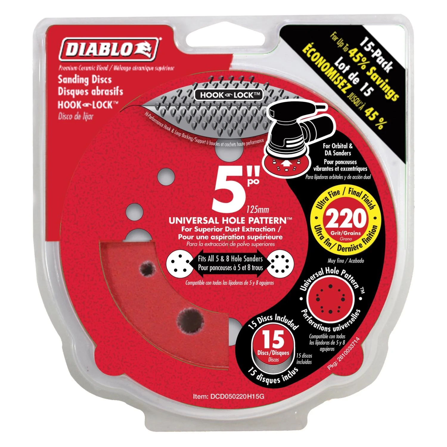 Orbital Sanding Disc, 12 Hole, Hook & Loop, 220-Grit, 5-In., 15-Pk.