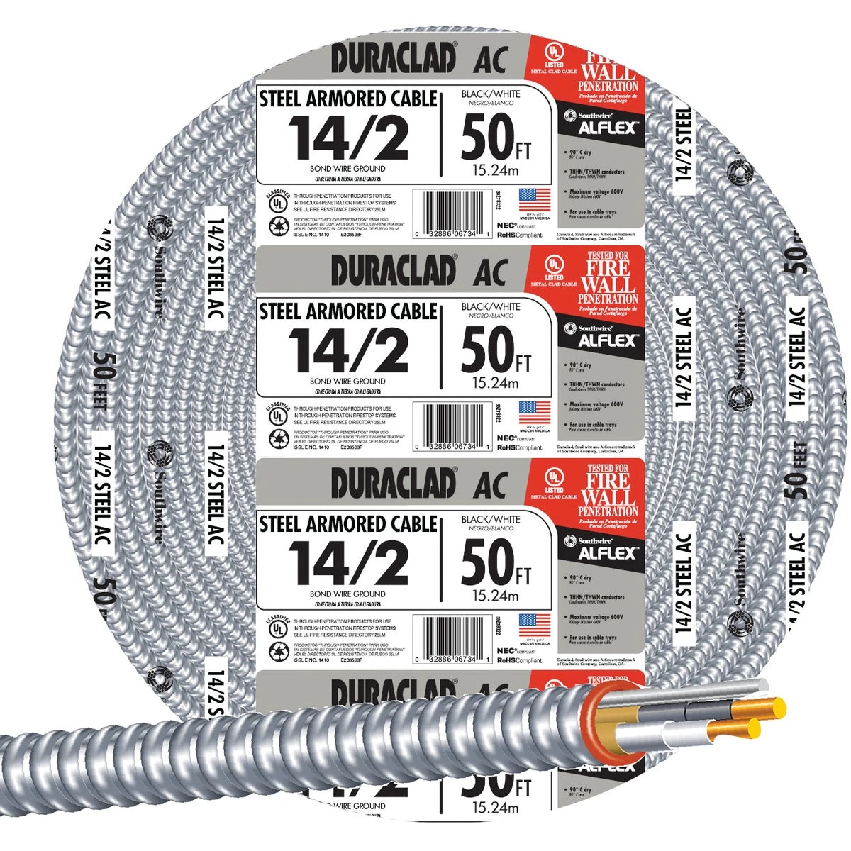 ACT Armored Cable, Steel Jacket, 14/2 ACT, 50 Ft.